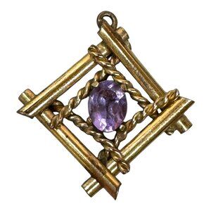 Vintage 1/20 12K Gold Filled Square Pendant Twisted Wire Faceted Amethyst Stone
